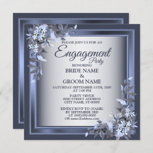 Engagement Party Navy Blue Floral Silver Grey Invitation
