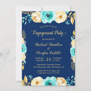 Engagement Party - Navy Blue Teal Gold Floral Invitation