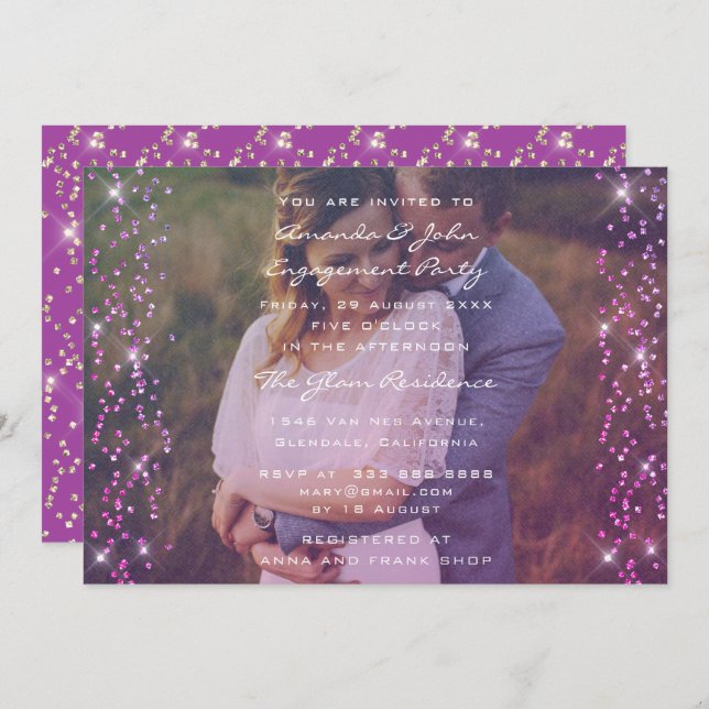 Engagement Party Photo Purple Fuchsia Pink Gold Invitation (Front/Back)