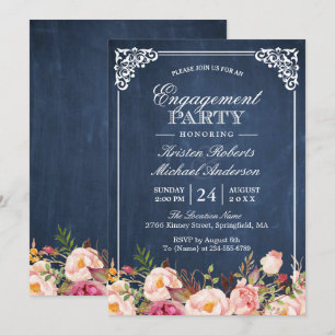 Engagement Party Pink Floral Blue Chalkboard Invitation
