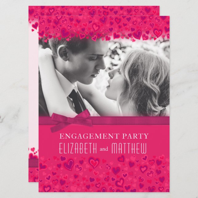 Engagement party pink hearts photo bow invitation (Front/Back)