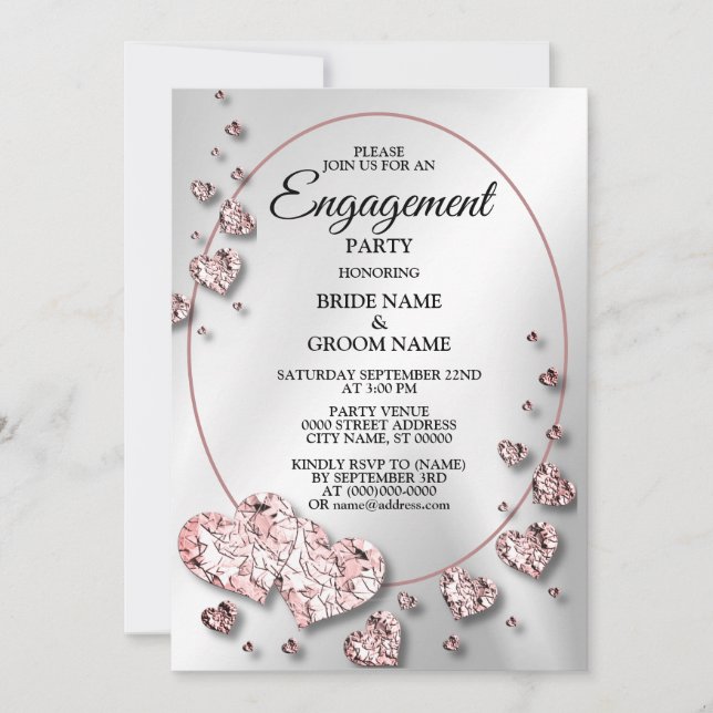 Engagement Party Pink Peach Shiny Hearts Geometric Invitation (Front)