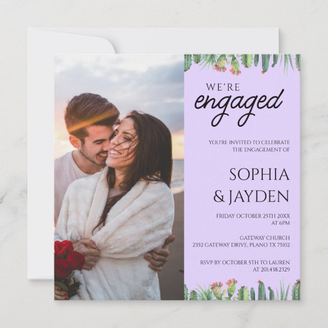 Engagement Party Purple Cactus Watercolor Garden Invitation (Front)