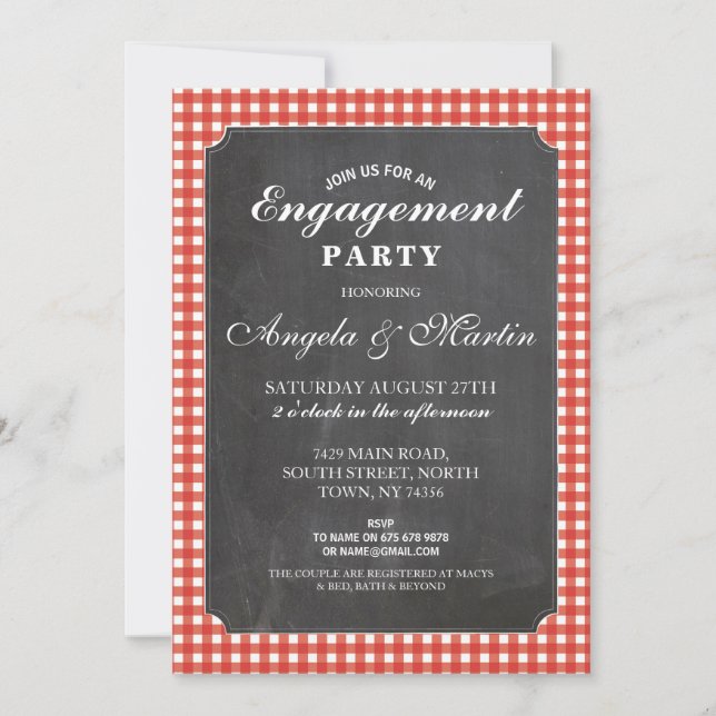 Engagement Party Red Check Chalk Invite (Front)
