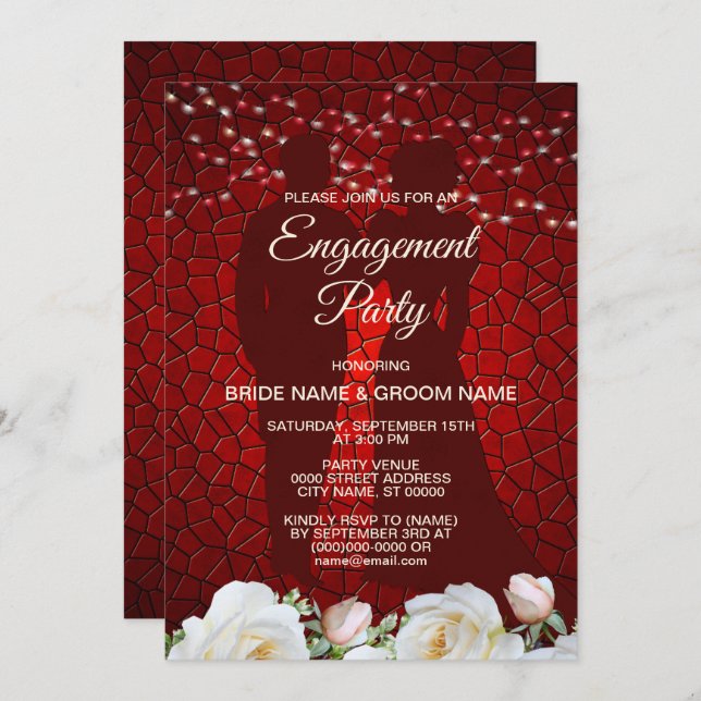 Engagement Party  Red White Floral Modern Elegant Invitation (Front/Back)