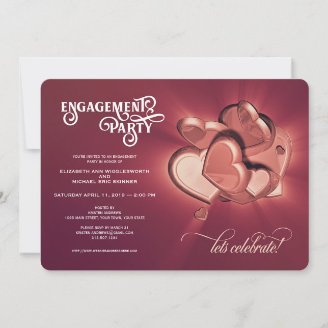 Engagement Party, Rose Gold Hearts Invitation (Front)