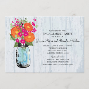 Engagement Party Rustic  Mason Jar Gerber Daisies Invitation
