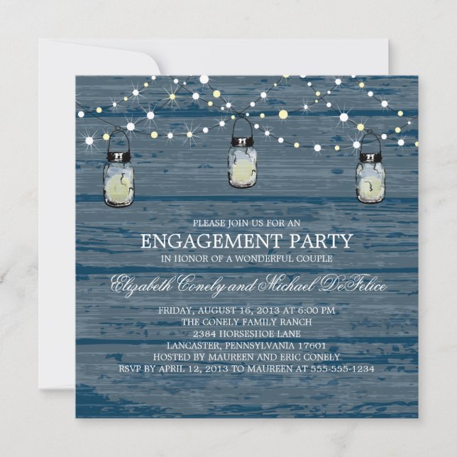 Engagement Party Rustic Wood Mason Jar and Lights Invitation (Front)