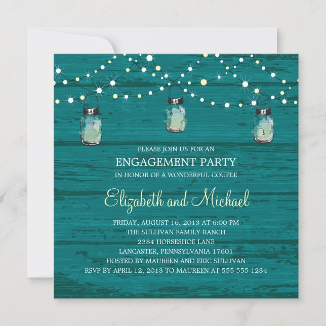 Engagement Party Rustic Wood Mason Jar and Lights Invitation (Front)