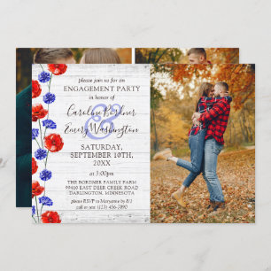 Engagement Party Rustic Wood & Red Poppy 4-Photo Invitation