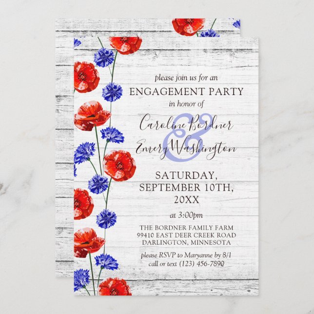 Engagement Party Rustic Wood & Red Poppy Country Invitation (Front/Back)