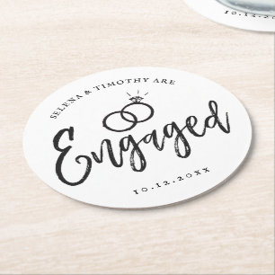 Engagement Party Script Lettering   Round Paper Coaster
