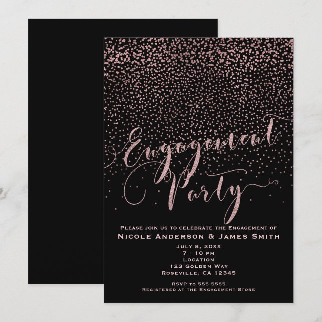 ENGAGEMENT PARTY Shower Black Rose Gold Confetti Invitation (Front/Back)