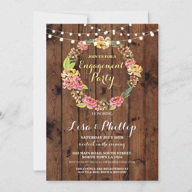 Engagement Party Shower Floral Wreath Wood Invite (Front)