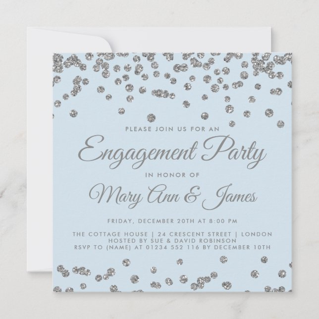 Engagement Party Silver Glitter Confetti Ice Blue Invitation (Front)
