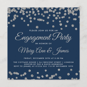 Engagement Party Silver Glitter Confetti Navy Blue Invitation