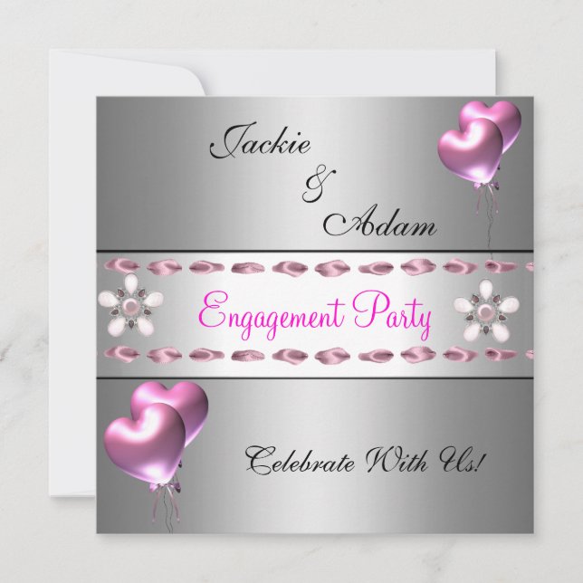 Engagement Party Silver Pink Floral Balloons Invitation (Front)