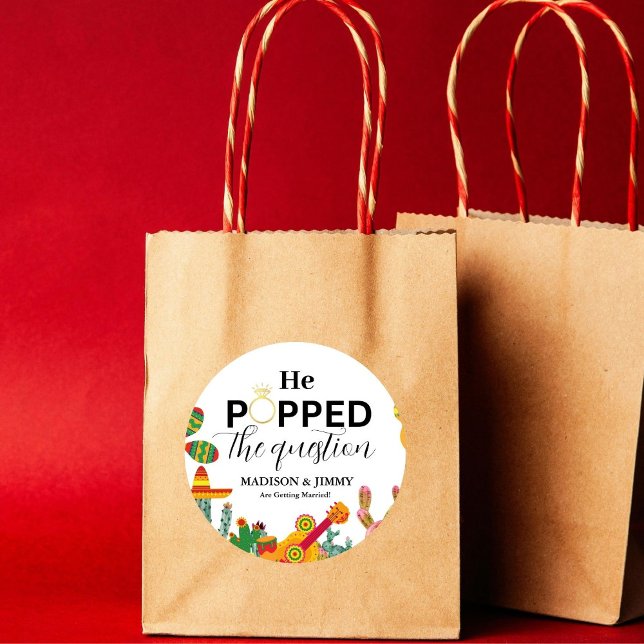 Engagement party sticker, he popped the question classic round sticker (Creator Uploaded)