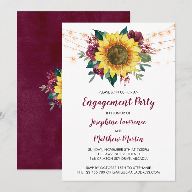 Engagement Party Sunflower Burgundy Floral Invitation (Front/Back)