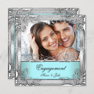 Engagement Party Teal White Silver Photo Invitation