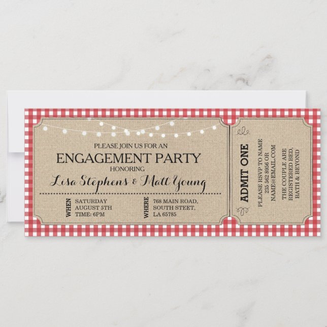 Engagement Party Ticket Red Check Rustic Invite (Front)