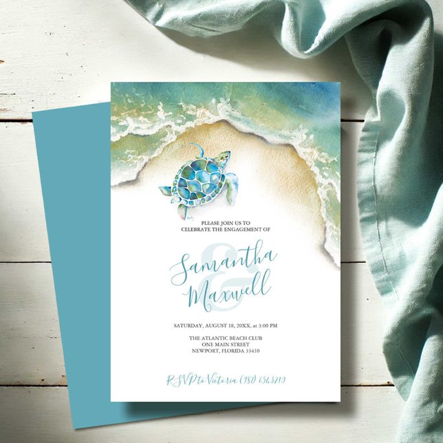 Engagement Party Tropical Sea Turtle Watercolor (Engagement party invitations beach wedding watercolor sea turtle art by Victoria Grigaliunas)