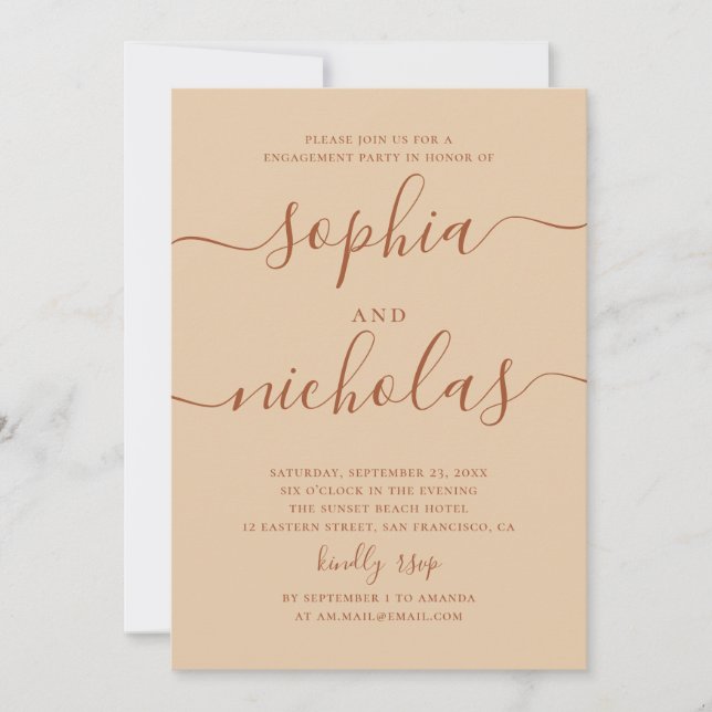 Engagement Party | Warm Peach Sand Script Wedding Invitation (Front)