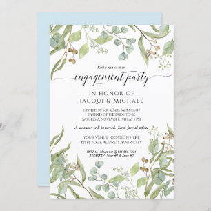 Engagement Party Watercolor Eucalyptus Leaves Blue Invitation