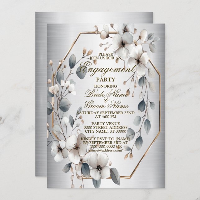 Engagement Party Watercolor White Flowers Silver Invitation (Front/Back)