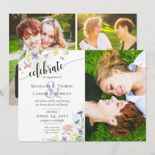 Engagement Party Watercolor Wildflowers 4-Photo Invitation