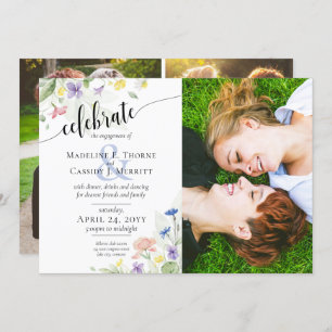 Engagement Party Watercolor Wildflowers 4-Photo Invitation