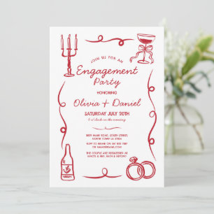 Engagement Party Whimsical Hand Drawn French Red Invitation