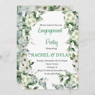 Engagement Party, White, Green, Flowers Floral Invitation