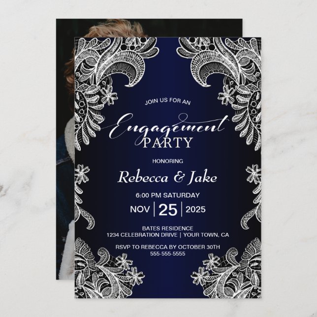 Engagement Party White Lace Blue Invitation (Front/Back)