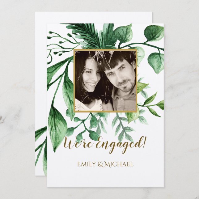 Engagement Photo Announcement Cards Modern Leaves (Front/Back)