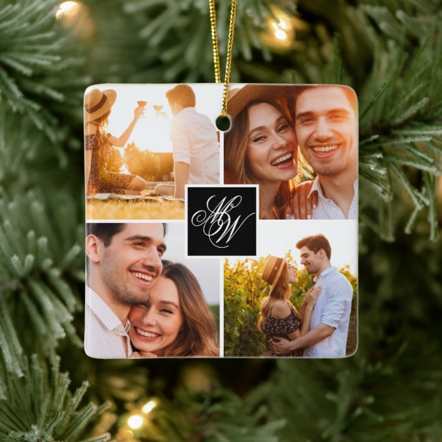 Engagement Photo Collage Monogram Ceramic Ornament (Tree)
