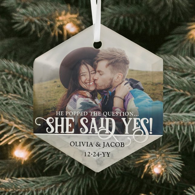 Engagement Photo She Said Yes! Christmas Marbled Glass Tree Decoration (Creator Uploaded)