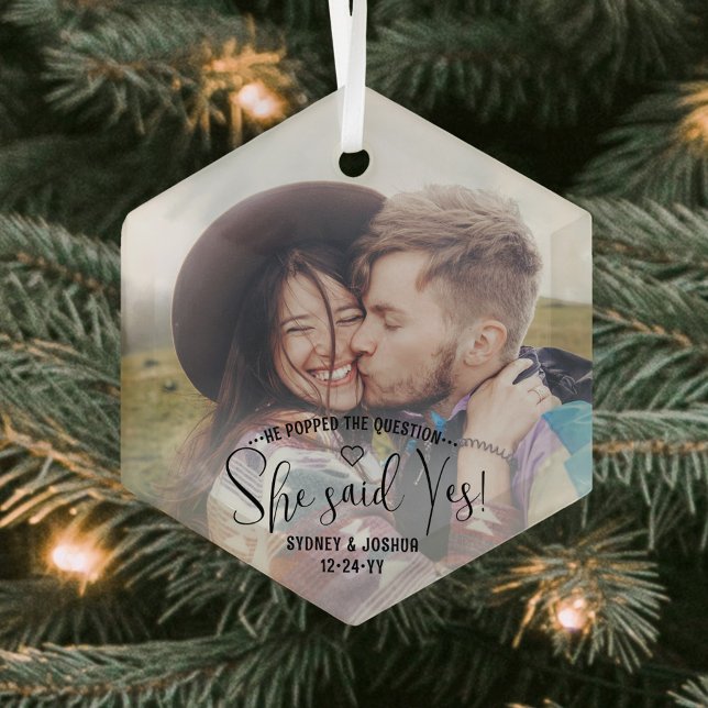 Engagement Photo She Said Yes! Christmas Proposal Glass Tree Decoration (Creator Uploaded)