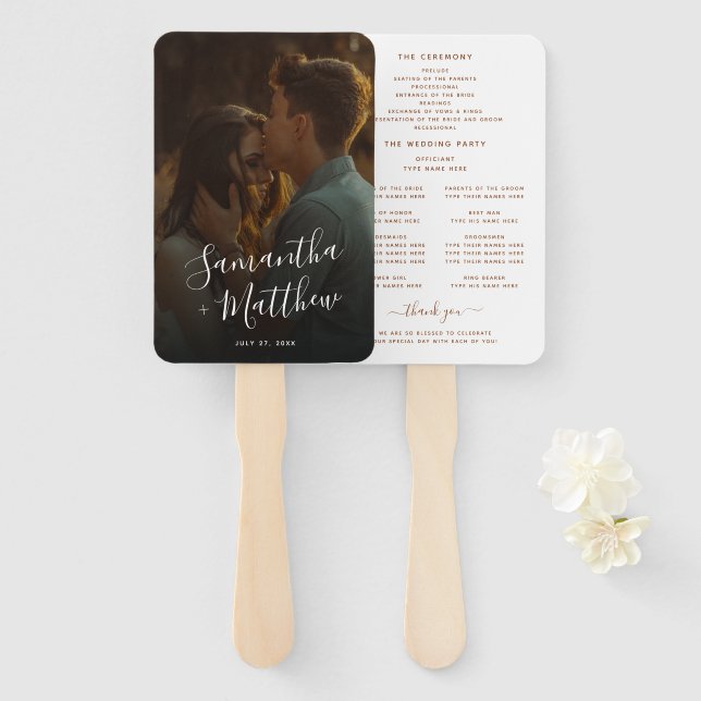 Engagement Photo Terracotta Fall Wedding Program Hand Fan (Front and Back)