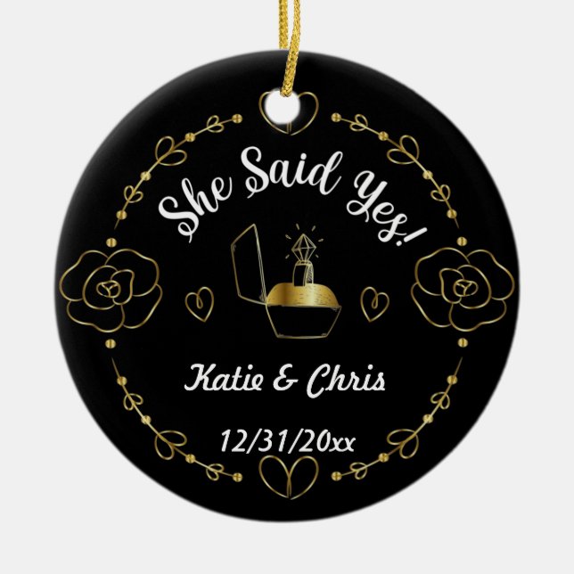 engagement ring Christmas, Personalised name, date Ceramic Ornament (Front)