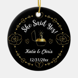 engagement ring Christmas, Personalized name, date Ceramic Ornament