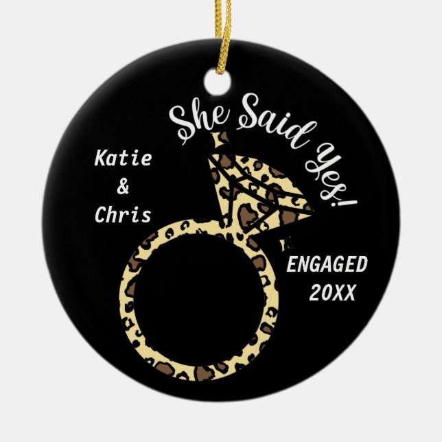 engagement ring, Personalised name and date Ceramic Ornament (Front)