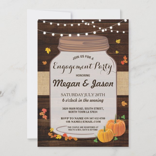 Engagement Rustic Jar Wood Pumpkin Fall Invite (Front)