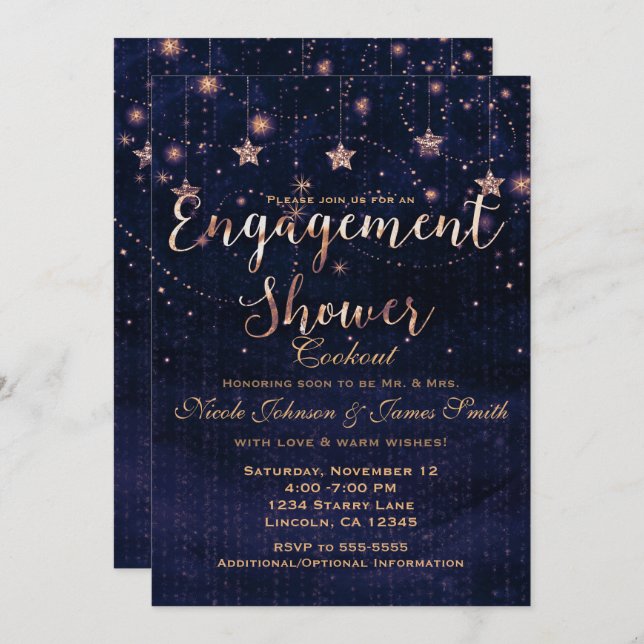 Engagement Shower Starry Night Purple & Gold Invitation (Front/Back)