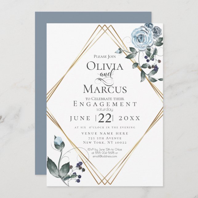 ENGAGEMENT | Watercolor Dusty Blue Floral Invitation (Front/Back)