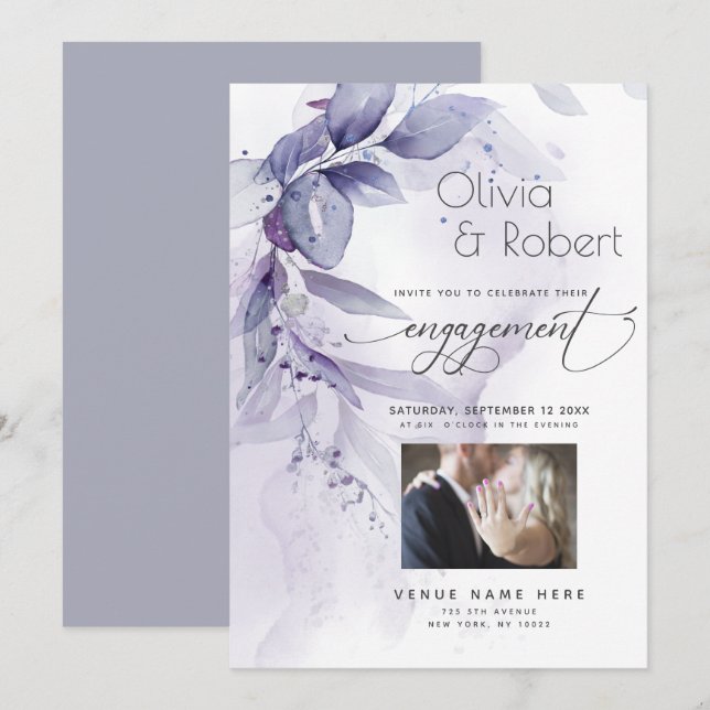 Engagement | Watercolor Dusty Plum Violet Foliage Invitation (Front/Back)
