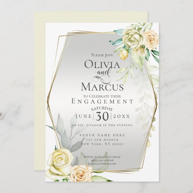 ENGAGEMENT | Watercolor Ivory Yellow Blush Roses Invitation (Front/Back)
