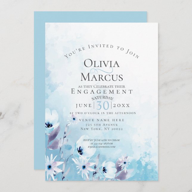 ENGAGEMENT | Watercolor Sky Blue Anemone Garden Invitation (Front/Back)