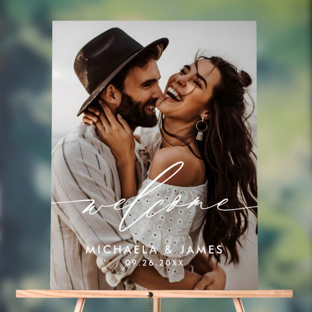 Engagement Welcome Elegant Script Modern Photo Acrylic Sign (Neutral)