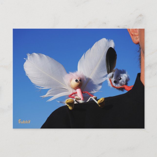 Engel fubby on my shoulder with challenging Monste Postcard (Front)